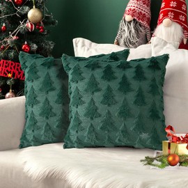 RABUSOFA Christmas Pillow Covers 20x20 Inch Set of 2 Velvet Christmas Tree Decorations Throw Pillow Covers Soft Faux Fur Xmas Winter Decor Cushion Covers Case for Sofa Couch Indoor Green(13-G20)