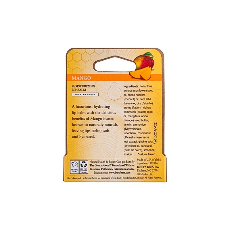 Burt's Bees Bálsamo labial hidratante, mango 0.15 oz (paquete de