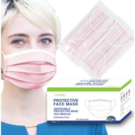 Luesay 50PCS Disposable Pink Masks Individually Packed 3-Layer Protection Suitable for Adults Elderly and Children.