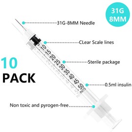 31G 5/16 Inch(8mm) 1/2ml Lab Disposable Syringe with Measurement, Individually Sealed Package - 10 Pack