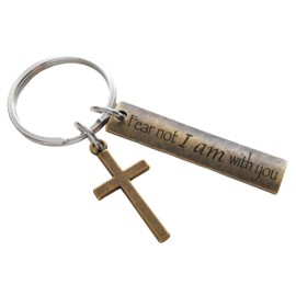Bronze Cross Charm Keychain with Engraved "Fear Not I am With You" Tag, Religious Christian Keychain