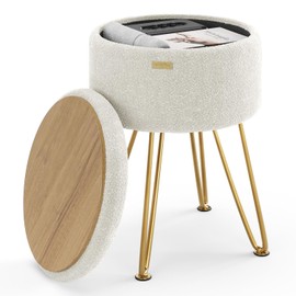 STORAGEBUD Round Ottoman with Storage, Boucle Storage Ottoman, Foot Stool Ottoman, Makeup Vanity Stool, Small Ottoman Foot Rest, Modern Ottomans for Living Room and Bedroom, White