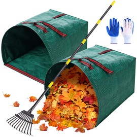 2 Pack Reusable Yard Waste Bags - 40 Gallon Dustpan Type Lawn And Leaf Bags, Heavy Duty Garden Bags With Adjustable Metal Leaf Rake,Gardening Gloves,Garden Waste Bag With Handles,Camping Recycling Bag