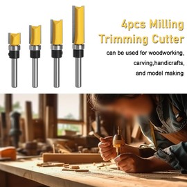 KOZTOL 4Pcs Pattern Flush Trim Router Bit Set, Straight Cut Router Bit with a Bearing Prevent Tear-Out, 2 Bearings , 1 Wrenches, Template Guide Woodworking Milling Cutter Tool