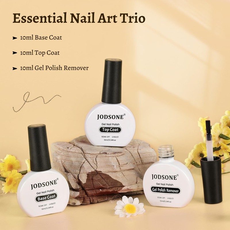 JODSONE 3Pcs 10ml Top and Base Coat Gel Nail Remover