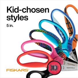 Fiskars 5" Pointed-Tip Scissors for Kids 4-7, For School or Crafting, 3 Pack: Blue, Floral, Pink