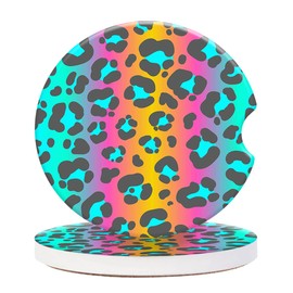 CLEVI 2 Pack Universal Ceramic Car Abstract Colorful Cheetah Leopard,Ceramic Stone with A Finger Notch for Easy Removal of Car Cup Holder Coaster