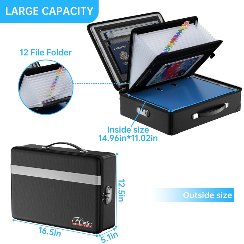 JHSafer Fireproof Document Box with lock, File Organizer with Fireproof
