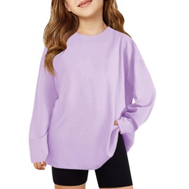 Haloumoning Girls Long Sleeve T-Shirts Kids Fall Oversized Tops Casual Crewneck Tees 5-14 Years Light Purple