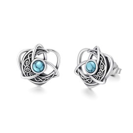 Turquoise Stud Earrings 925 Sterling Silver Hypoallergenic Celtic Heart Knot Vintage Irish Jewelry Mother’s Day Birthday Gift for Women