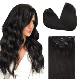 DOORES Clip-In Real Hair Extensions, Natural Black, 40 cm / 16 Inches, 7 Pieces, 120 g, Remy Human Clip-In Hair Extensions, Straight, Natural Real Hair Extensions