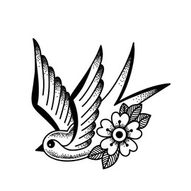 Bird Tattoo Temporalis® Temporary Tattoo Vegan and Waterproof Ink EU Certified Cosmetics Shelf Life 1-2 Weeks [Floral Swallow]