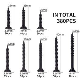 Maexxna 380pcs Drywall Screws Kit, 8 Sizes Wood Screws, Black Steel Drywall Screws Phillips Bugle Head and Black Phosphate Finish Self Tapping Screws Assortment for Wood Drywall Sheetrock