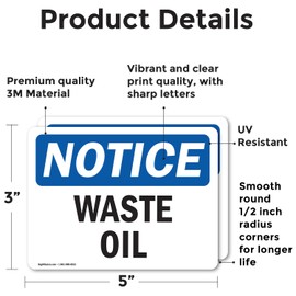 (2 Pack) Waste Oil OSHA Notice Sign 5 Inch X 3.5 Inch Vinyl Label Decal Sticker Weather Resistant, UV Protected for Workplace, Business, and Construction Site, Made in the USA
