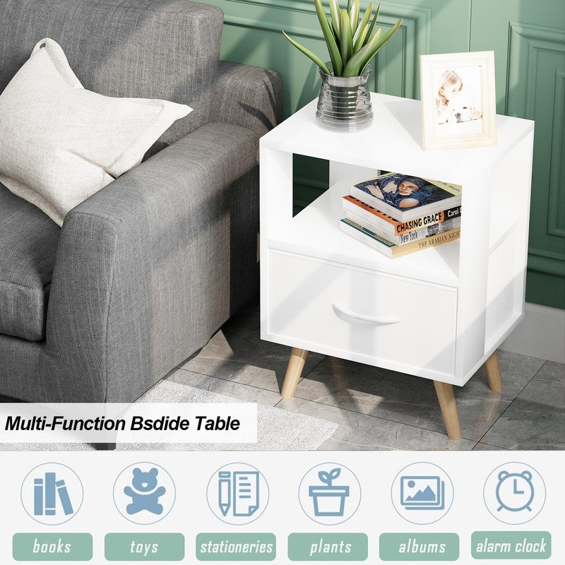 Aenuert Night Stand, White Kids Nightstand with Drawer, Nursery Side