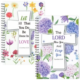 Xqumoi 2Pack A5 Floral Cross Religious Spiral Notebooks - Bible Verses Writing Notebooks, Ruled Hardbound Lined Journal, Inspirational Christian Christmas Gift, Sunday School Supply (Purple & Yellow)