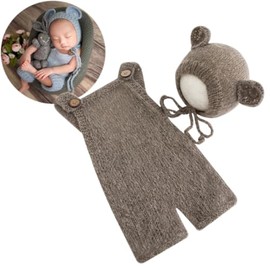 Zeroest Newborn Baby Boy Girl Photography Props Bear Romper Hat Outfits Crochet Kint Handmade Cap Set for Newborn Photo Shoot (Brown)