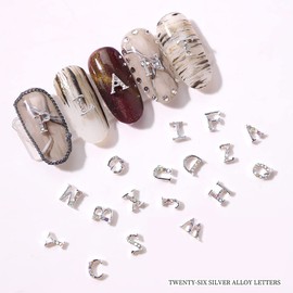 JERCLITY 52pcs 3D Metal Silver English Capital Letters Nail Charms Studs Alloy Rhinestone Nail Charms for Nails Silver Alphabet Stickers for Women Nail Art