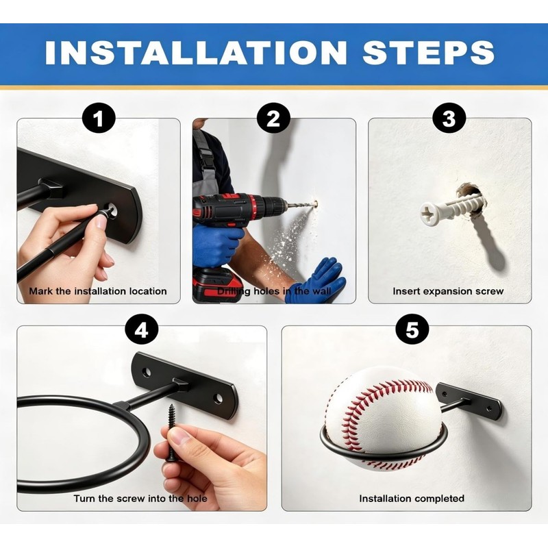 ASZUNE 2 Pack Black Wall Mount Baseball & Softball Display