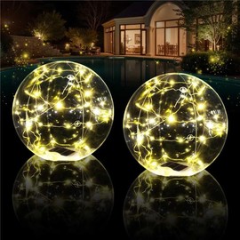 Cootway Floating Pool Lights, 15 Inch Warm White Solar Pool Light That Float, IP68 Waterproof Inflatable Light Up Pool Balls, Float or Hang Solar Floating Lights for Pool, Wedding, Party Decor - 2PC
