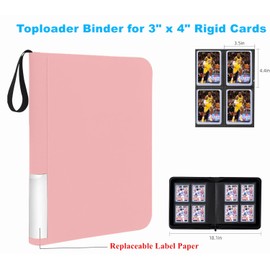 Toploader Binder, 4-Pocket Top Loaders Binder Album Holds 128 Top Loaders, Toploader Card Binder for 3" x 4" Rigid Cards, Ringless Toploader Folder (Pink)