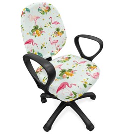 Ambesonne Flamingo Office Chair Slipcover, Flourishing Fresh Flowers with Pineapples and Dots Retro Style Birds Romantic, Protective Stretch Decorative Fabric Cover, Standard Size, Teal Magenta