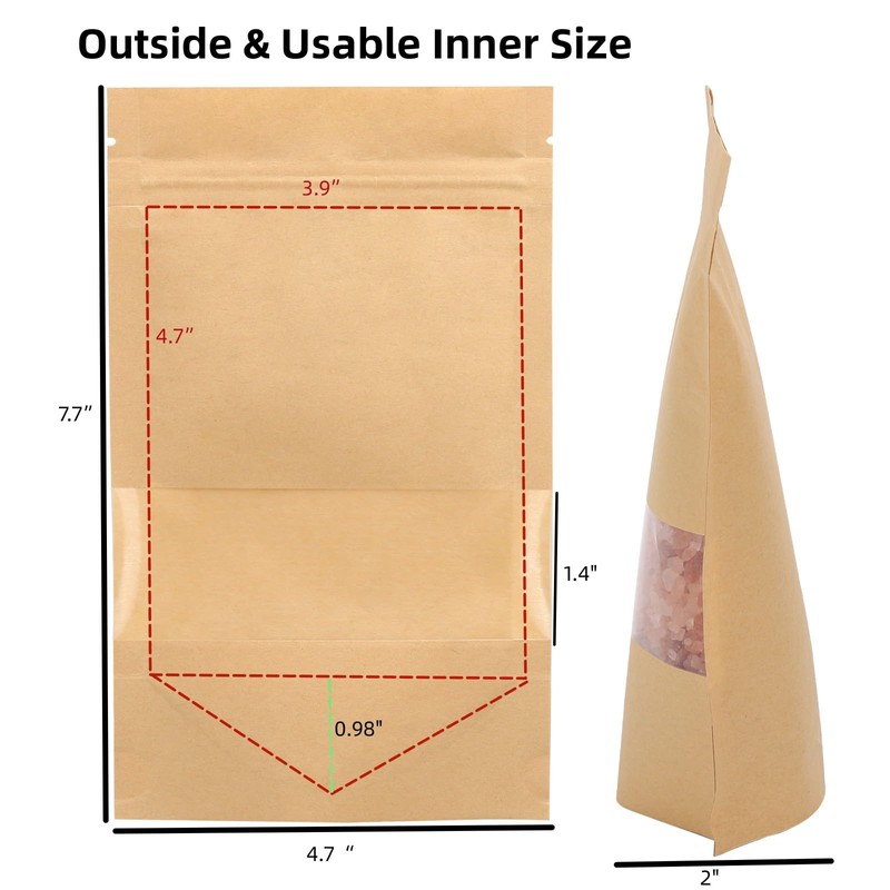 100 bolsas de papel kraft con ventana, con cierre de