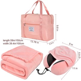 Travel Blanket Pillow Set - Travel Neck Pillow & Blanket for Airplane, Thick Fleece Plane Blanket, Hooded Memory Foam Neck Pillows, Foldable Duffel Bag, Sleep Mask, Earplugs for Plane Traveling, Pink