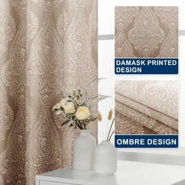 Hiasan Ombre Blackout Curtains for Bedroom 63 Inch Length, Grommet Vintage Damask Design Light Blocking Thermal Insulated Window Treatment Drapes with Tiebacks, 2 Panels, Taupe, 52W x 63L