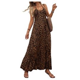SweatyRocks Women's Leopard Print Ruffle Sleeveless Halter Maxi Dress Vacation Dresses Khaki Small