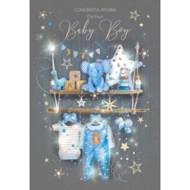 Cherry Orchard New Baby Boy Card, Congratulations on the birth of your Baby Boy, Cute Greeting Card from Grayson range, with Gold envelope