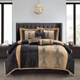 Stratford Park Black and Gold Comforter Set, 7 Pieces Jacquard Bedding Sets with Comforter, Bed Skirt, Pillows & Shams, Queen Size, Lightweight Microfiber, All Season Bedroom Home Décor