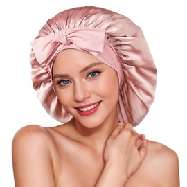 RPAEOY 100% Seidenhaube Zum Schlafen Große Doppelseidige Weiche Nachtmütze Haare Schützen Rutschfeste Verstellbares Breites Band zur Befestigung am Kopf für Lange Lockige Haare(Soja)