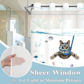 Fowocu No Hook Shower Curtain with Snap in Liner Funny Cat Nautical Shower Curtains for Bathroom Teal Blue Sea Ocean Octopus Starfish Turtle Anchor Fish Waterproof Fabric Bath Curtain Decor 71×74In