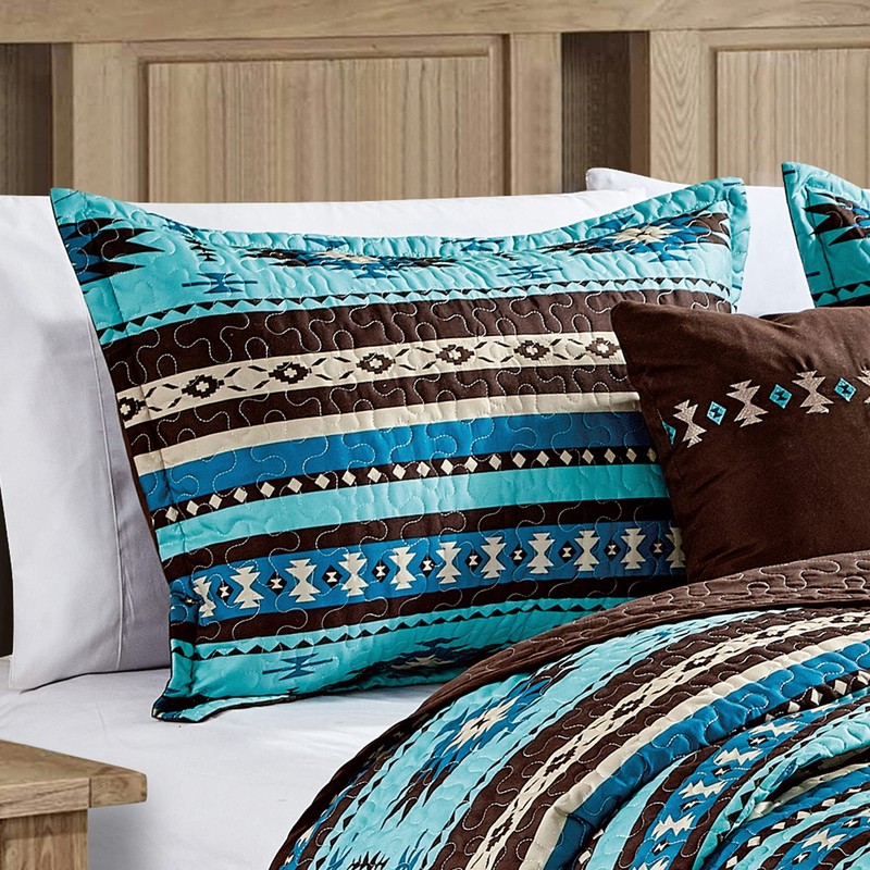 Linen Mart Southwestern Turquoise Tan Aztec Coverlet - 5 Piece