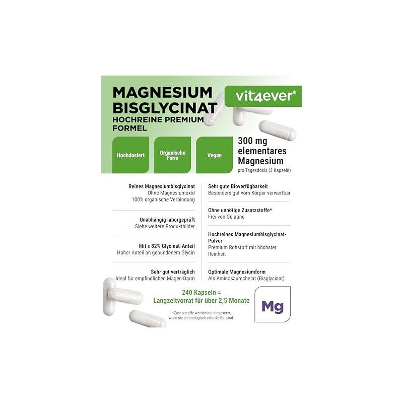 vit4ever Magnesium Bisglycinate - 240 Capsules - 300mg Magnesium -