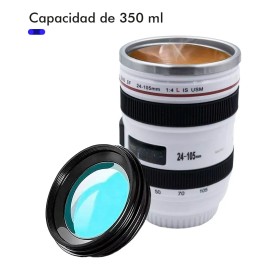 Termo Taza Vaso Forma Lente Fotográfico Acero Inox Con Tapa Color Blanco