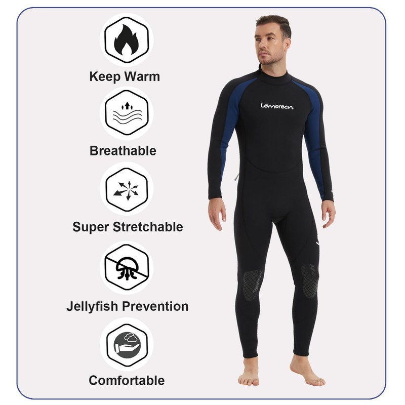 Lemorecn Mens Wetsuits Jumpsuit Neoprene 3/2mm Full Body Diving Suit(CA3031BLUE-M)