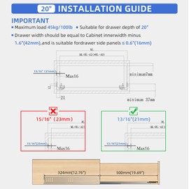 PHWALK 20 Inch Soft Close Undermount (Bottom Mount) Drawer Slides, 1 Pair Heavy Duty Stainless Steel Slides, Full Extension 100lb Capacity for Base Kitchen Cabinets, Garage Cabinets & Wardrobe Drawers