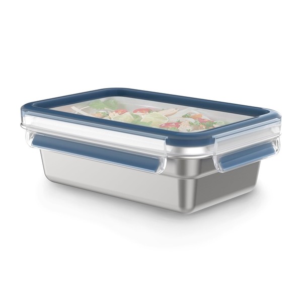Emsa N11504 Clip & Close Stainless Steel Food Storage Container, Rectangular, Capacity: 0.8 L, Sustainable, Lightweight Stainless Steel, Leak-Proof, Frost-Proof, Dishwasher-Safe, Oven-Safe, Stainless Steel, Blue