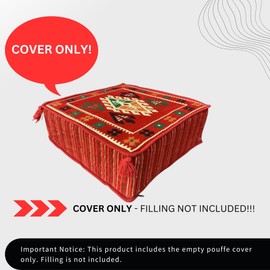 SPIRIT HOME INTERIORS Handmade Traditional Turkish Kilim Pouffe Cover - 60 x 60 x 20 cm, Moroccan & Bohemian Style Ottoman, Floor Cushion, Footrest, or Decor Accent - Unstuffed (Belkis)