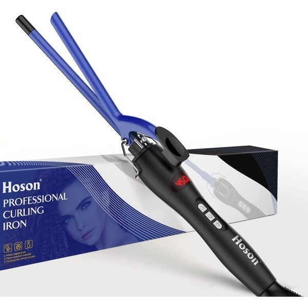 9mm Thin Hair Tongs Ceramic Curling Wand, 3/8 Inch Small Barrel Curling Tongs for Long & Short Hair, LCD Display with 9 Heat Setting Include Glove(Blue)