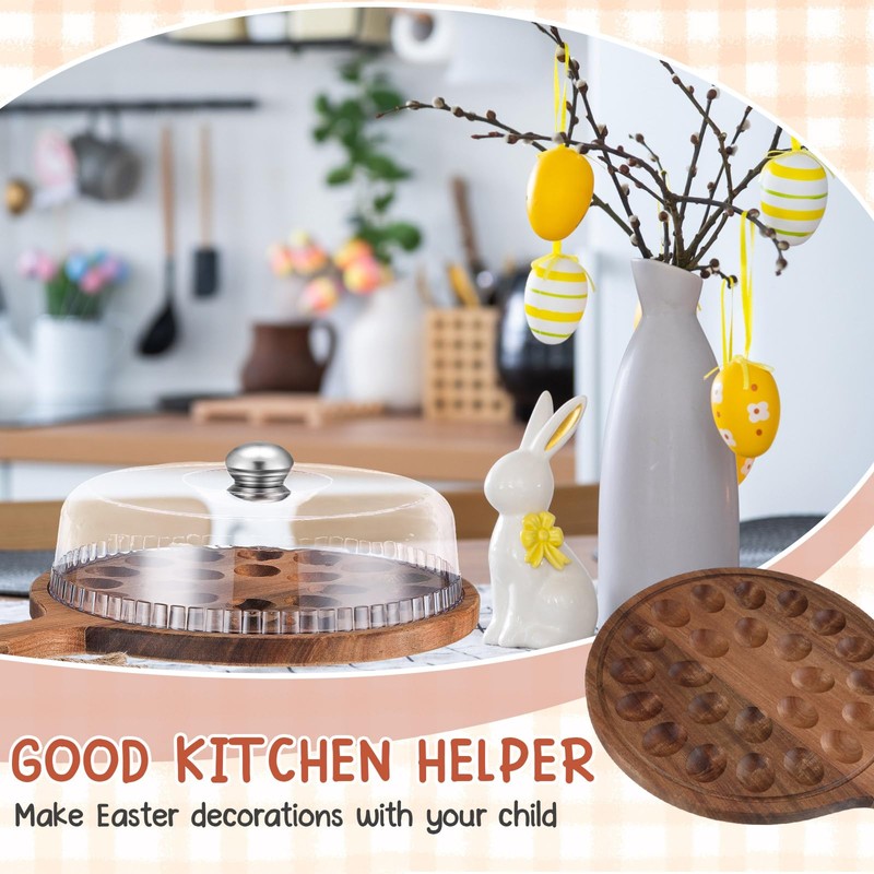 FillTouch Easter Acacia Wood Deviled Egg Platter with Lid and