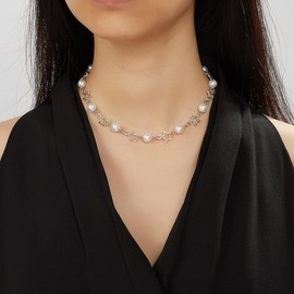 Star Pearl Choker Necklaces, Adjustable Bohemian Beaded Hollow Chain Necklaces, Dainty Y2k Charm Statement Jewelry Gifts for Women Teen Girls (White)