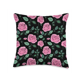 Pink Roses Flowers Floral Cottagecore Garden Pattern Throw Pillow