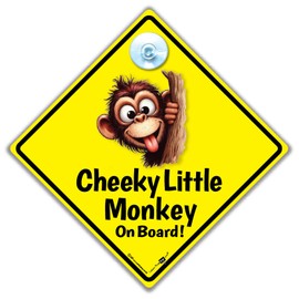Cheeky Little Monkey Baby on Board Car Sign, 14 x 14 cm, Yellow Suction Cup Sign for Child in Car