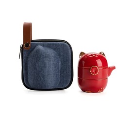 RORA - Juego de té de viaje con bolsa portátil, juego de tetera de cerámica hecha a mano, tetera todo en uno, 1 olla 2 tazas, adecuado para viajes, oficina y hogar (rojo)