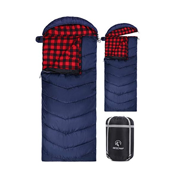 REDCAMP Flannel Sleeping Bag for Adults, Large Cotton Sleeping Bags for Camping with Detachable Hood, Red Plaid with 3lbs Filling (91"x33")