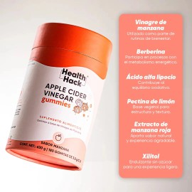 Gomitas Vinagre Manzana Sabor 180 Masticables Berberina Acido Alfa Lipoico Suplemento Alimenticio Vegano Azúcar Gluten 500 Por Porción Health Hack