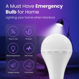 Emergency Rechargeable Led Light Bulb with Hook,Stay Lights Up When Power Failure, 1500mAh 12W 60W Equivalent LED Light Bulbs for Home, Camping, Hiking, 4 Pack